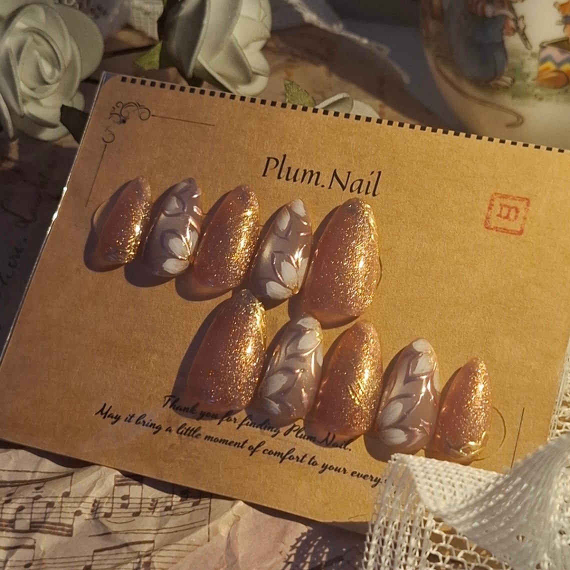 ⑤ネイルチップ｜くすみローズピンク×手描きフラワー｜洗練・上品・エレガント・高級感・春｜大人フェミニン・ニュアンス｜アーモンド｜現品Mサイズ｜結婚式・ブライダル・お呼ばれ・パーティー・デート・特別な日 2枚目