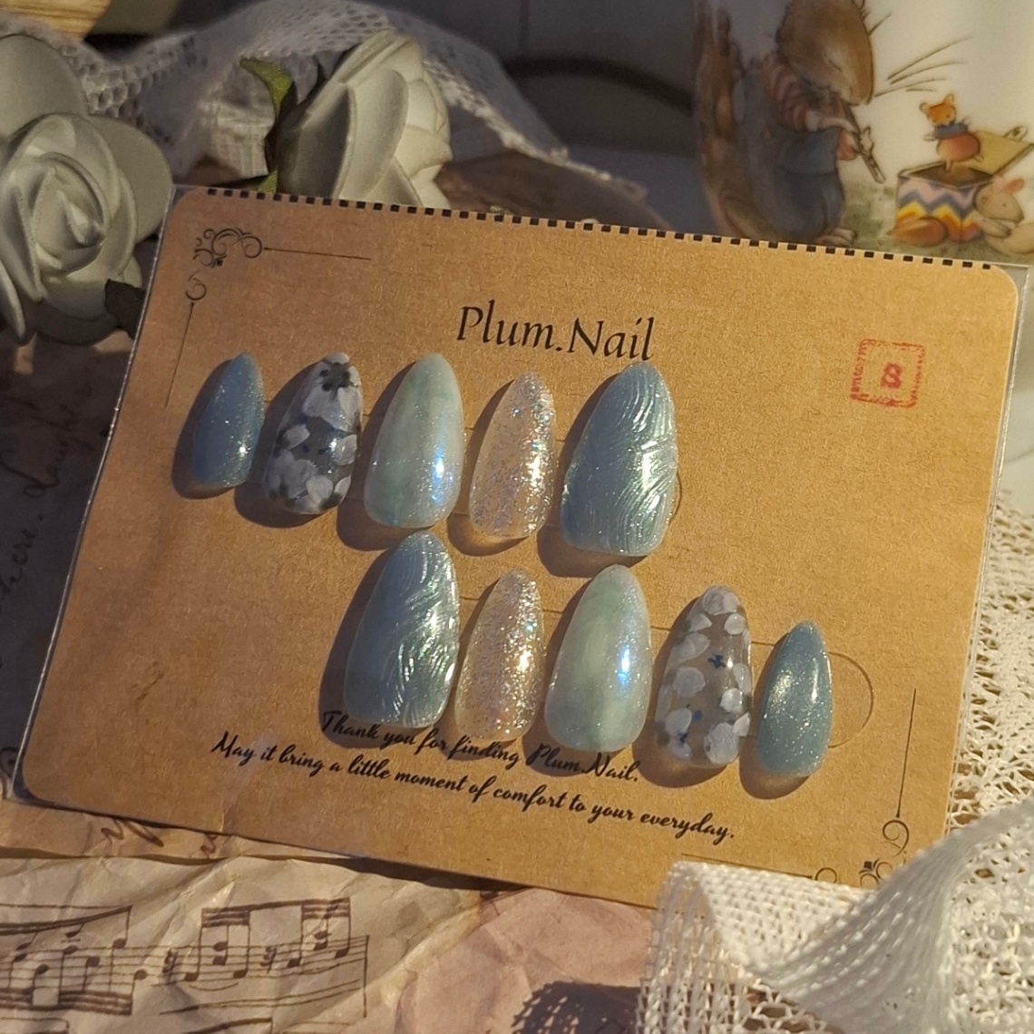 ⑦Sネイルチップ｜アイスブルー×フラワー｜ニュアンスラメ｜洗練・上品・エレガント・高級感｜透明感ネイル・大人上品｜アーモンド｜現品Sサイズ｜結婚式・ブライダル・お呼ばれ・パーティー・デート・特別な日 2枚目