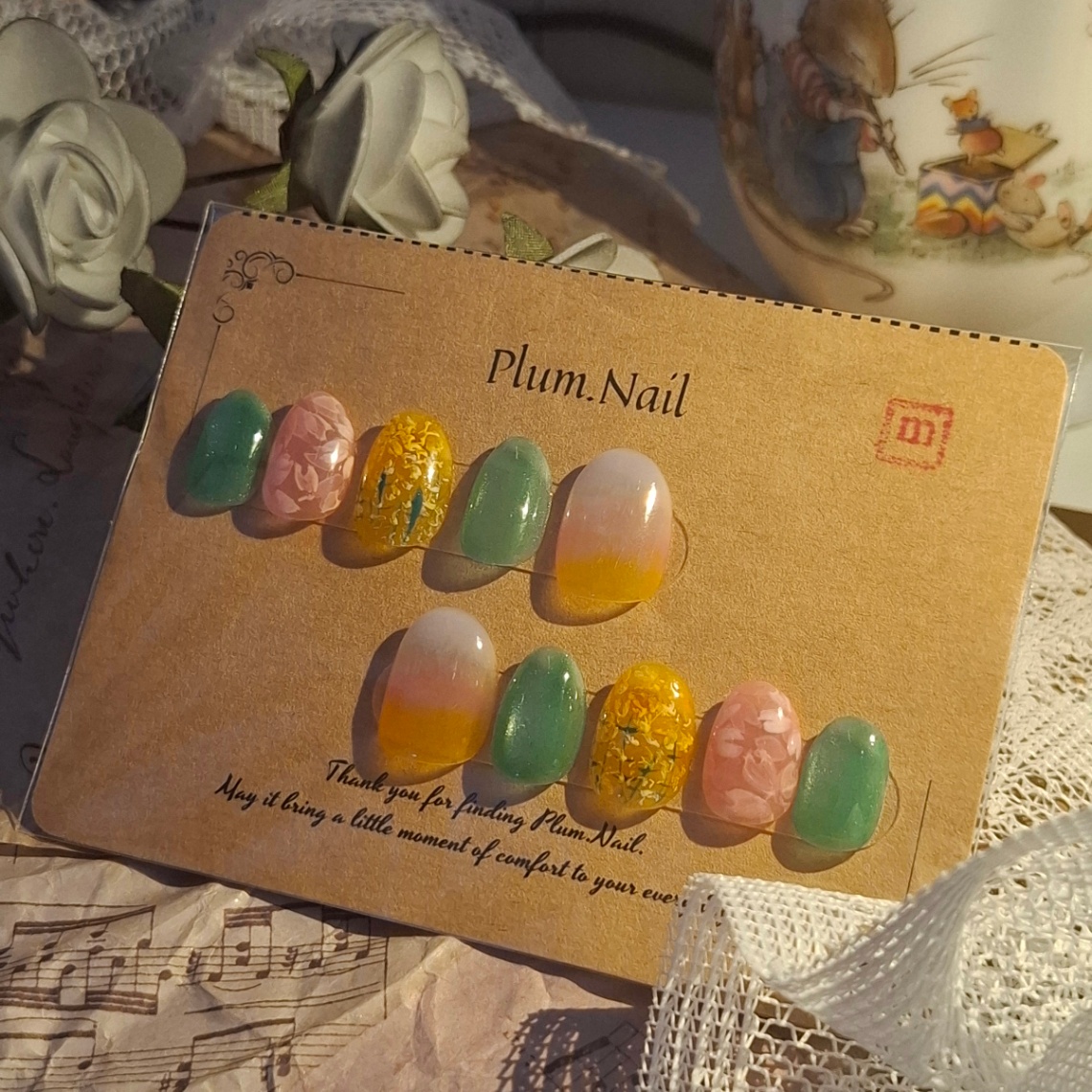 ⑧Mネイルチップ｜桜×菜の花ニュアンス｜洗練・上品・エレガント・高級感｜春風景ネイル・大人かわいい｜ショートオーバル｜現品Mサイズ｜結婚式・ブライダル・お呼ばれ・パーティー・デート・特別な日 2枚目