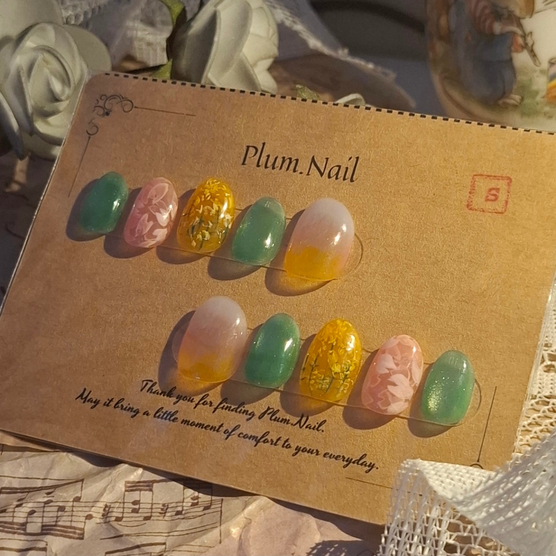 ⑧Sネイルチップ|桜×菜の花ニュアンス|洗練・上品・エレガント・高級感|春風景ネイル・大人かわいい|ショートオーバル|現品Sサイズ|結婚式・ブライダル・お呼ばれ・パーティー・デート・特別な日 2枚目