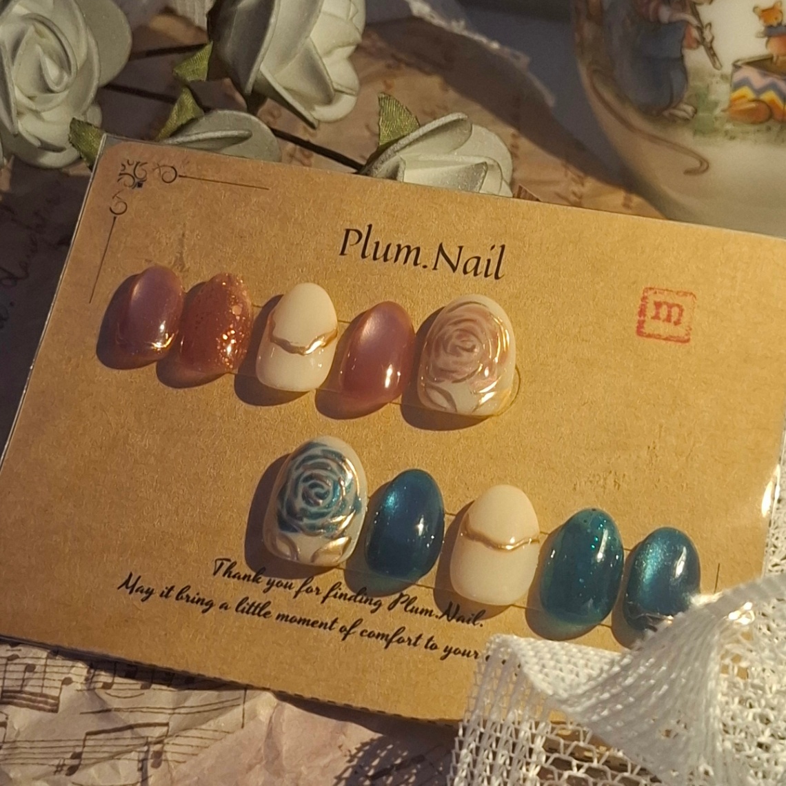 ④ネイルチップ｜ターコイズ×ローズピンクの華やかフラワー｜洗練・上品・エレガント・高級感・春｜大人ニュアンス｜ショートオーバル｜現品Mサイズ｜結婚式・ブライダル・お呼ばれ・パーティー・デート・特別な日 2枚目