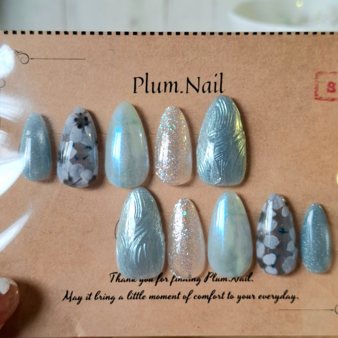 ⑦Sネイルチップ｜アイスブルー×フラワー｜ニュアンスラメ｜洗練・上品・エレガント・高級感｜透明感ネイル・大人上品｜アーモンド｜現品Sサイズ｜結婚式・ブライダル・お呼ばれ・パーティー・デート・特別な日