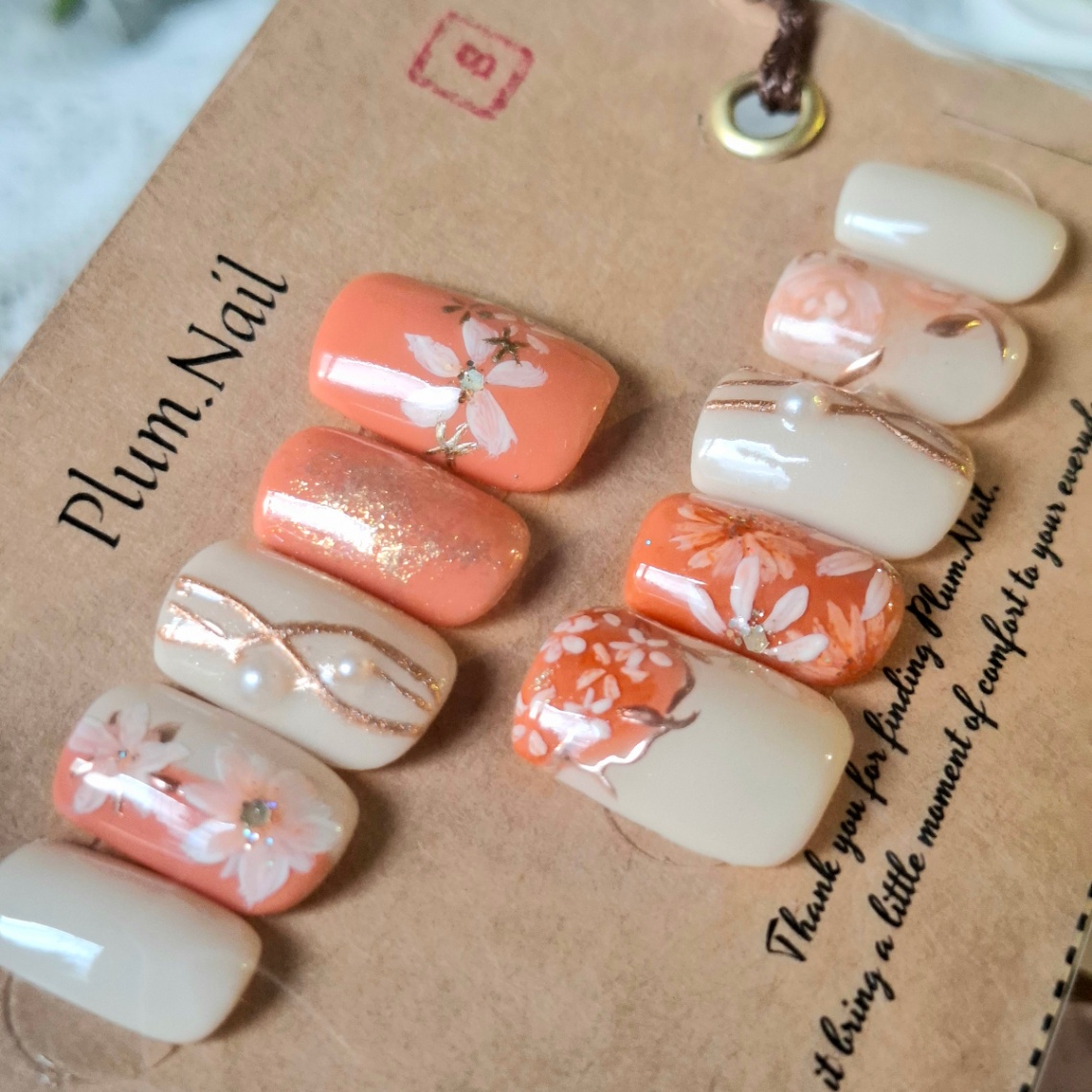 ⑨S ネイルチップ｜オレンジフラワー×ニュアンス｜洗練・上品・エレガント・高級感｜春ネイル・大人かわいい｜スクエア｜現品Sサイズ｜お花見・お出かけ・デート・特別な日