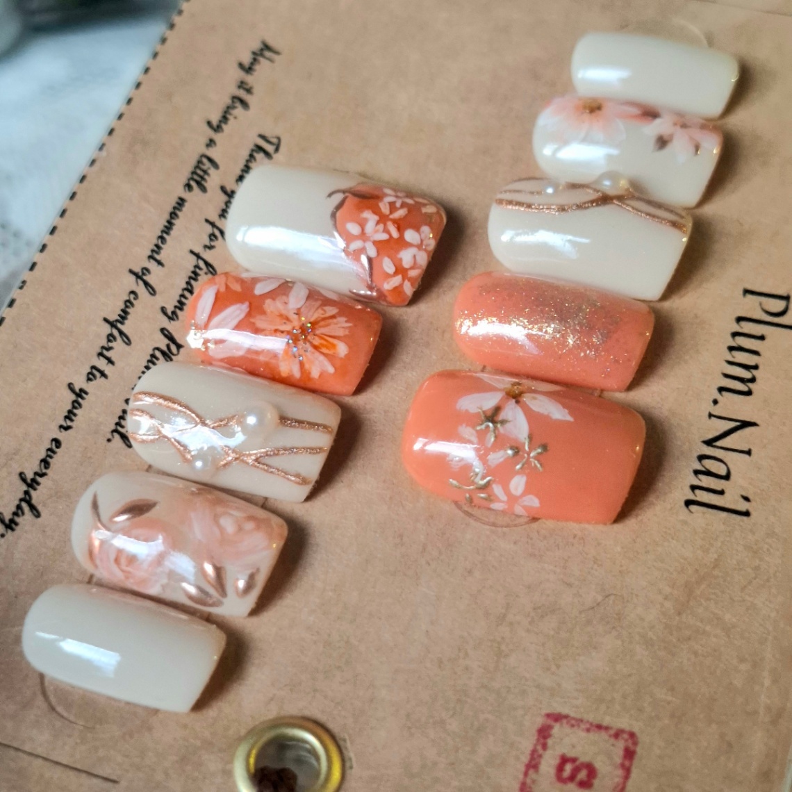 ⑨S ネイルチップ｜オレンジフラワー×ニュアンス｜洗練・上品・エレガント・高級感｜春ネイル・大人かわいい｜スクエア｜現品Sサイズ｜お花見・お出かけ・デート・特別な日 3枚目