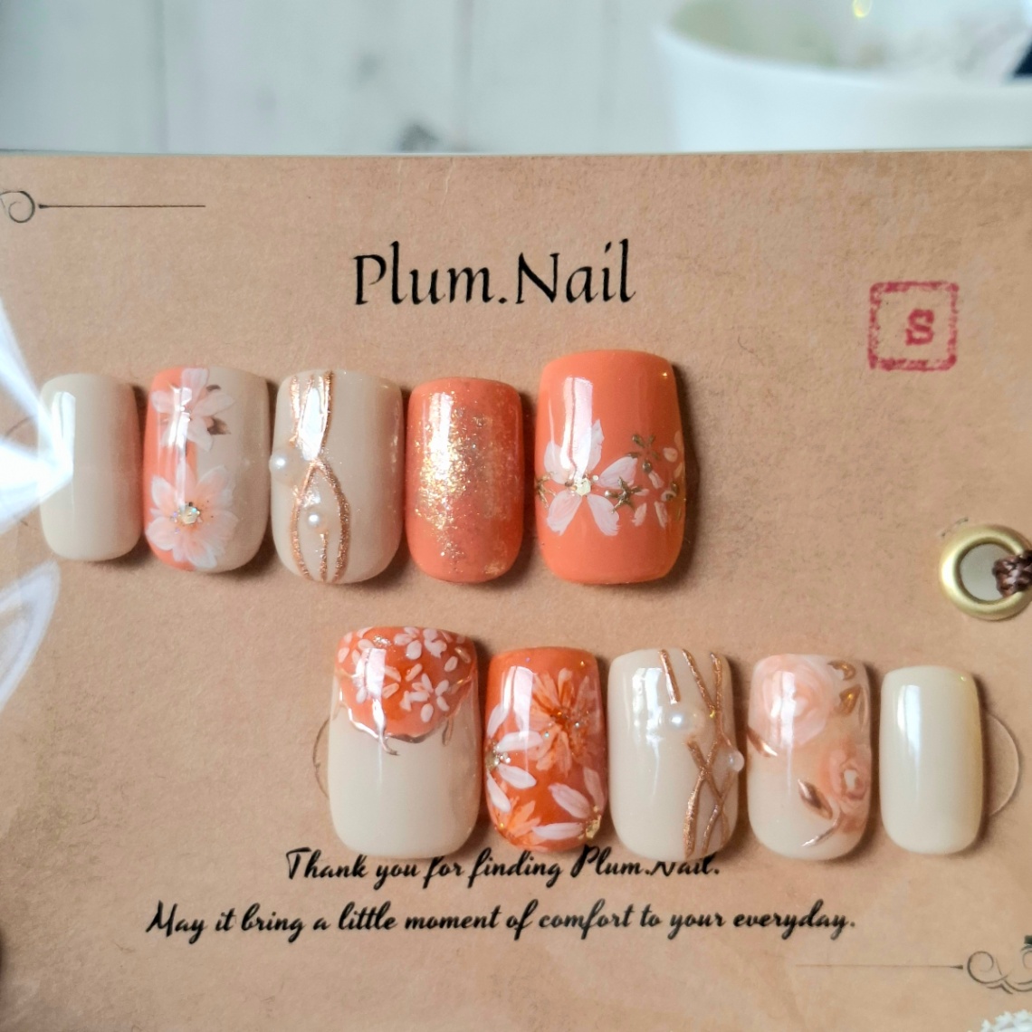 ⑨S ネイルチップ｜オレンジフラワー×ニュアンス｜洗練・上品・エレガント・高級感｜春ネイル・大人かわいい｜スクエア｜現品Sサイズ｜お花見・お出かけ・デート・特別な日 4枚目