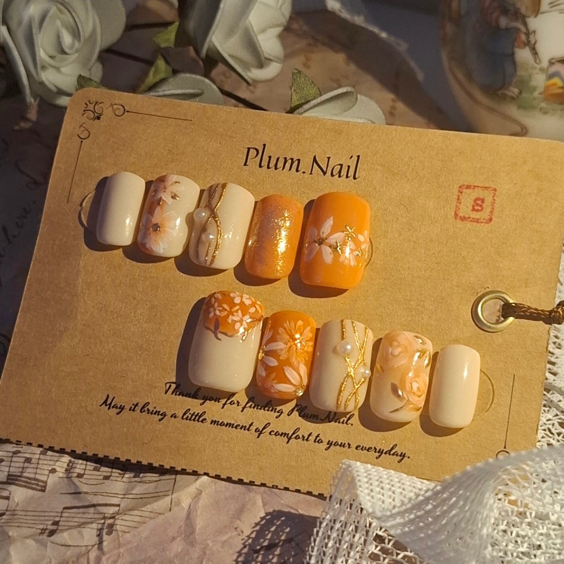 ⑨S ネイルチップ｜オレンジフラワー×ニュアンス｜洗練・上品・エレガント・高級感｜春ネイル・大人かわいい｜スクエア｜現品Sサイズ｜お花見・お出かけ・デート・特別な日 2枚目