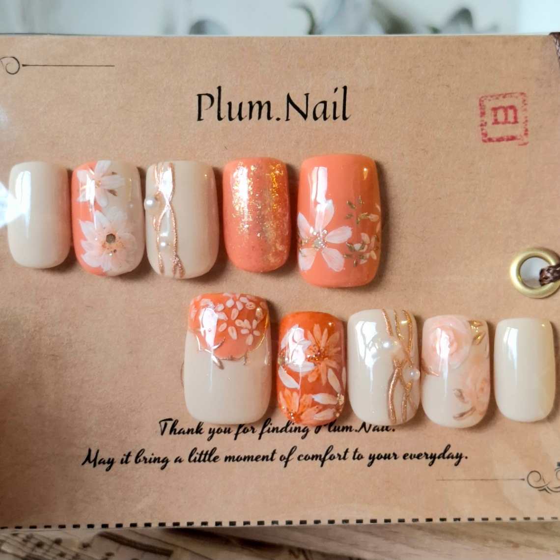 ⑨Mネイルチップ｜オレンジフラワー×ニュアンス｜洗練・上品・エレガント・高級感｜春ネイル・大人かわいい｜スクエア｜現品SMサイズ｜お花見・お出かけ・デート・特別な日のコピー