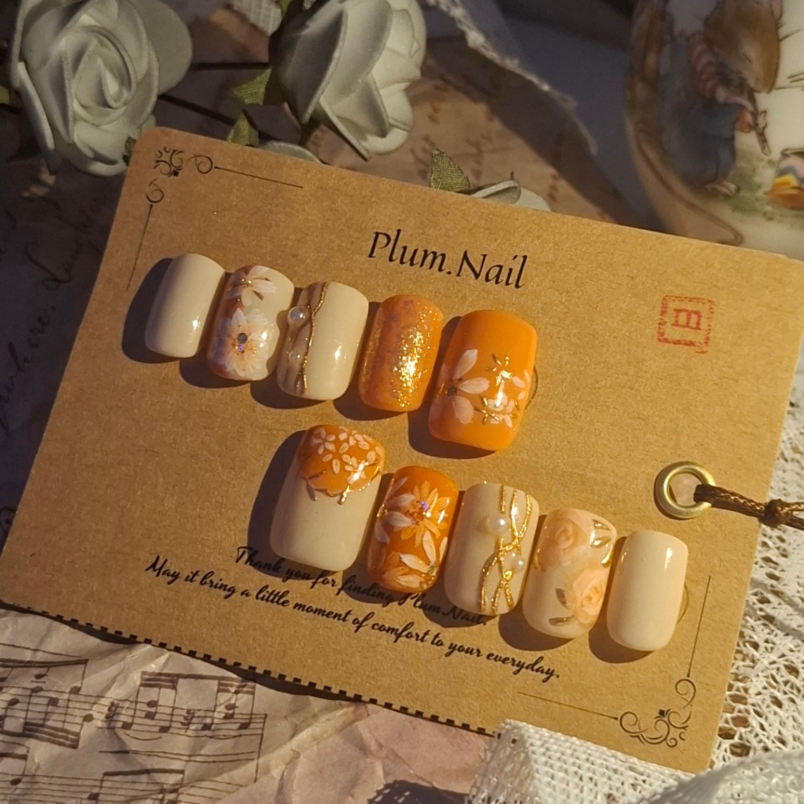 ⑨Mネイルチップ｜オレンジフラワー×ニュアンス｜洗練・上品・エレガント・高級感｜春ネイル・大人かわいい｜スクエア｜現品SMサイズ｜お花見・お出かけ・デート・特別な日のコピー 2枚目