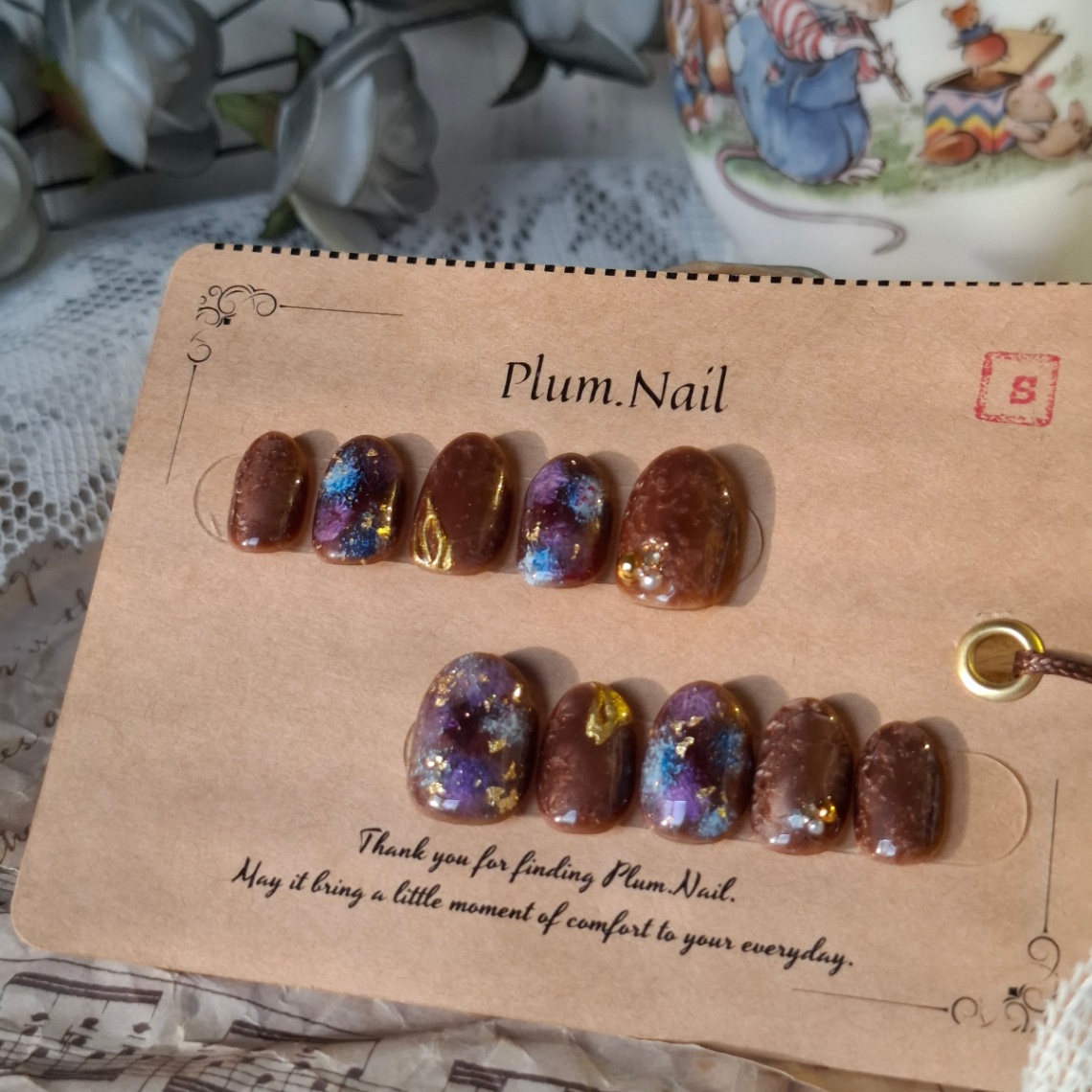 ⑩S ネイルチップ｜ダークニュアンス×ブルーパープル｜上品・洗練・神秘的・高級感｜大人ネイル・落ち着きデザイン｜ショートオーバル｜現品Sサイズ｜お出かけ・デート・特別な日 2枚目