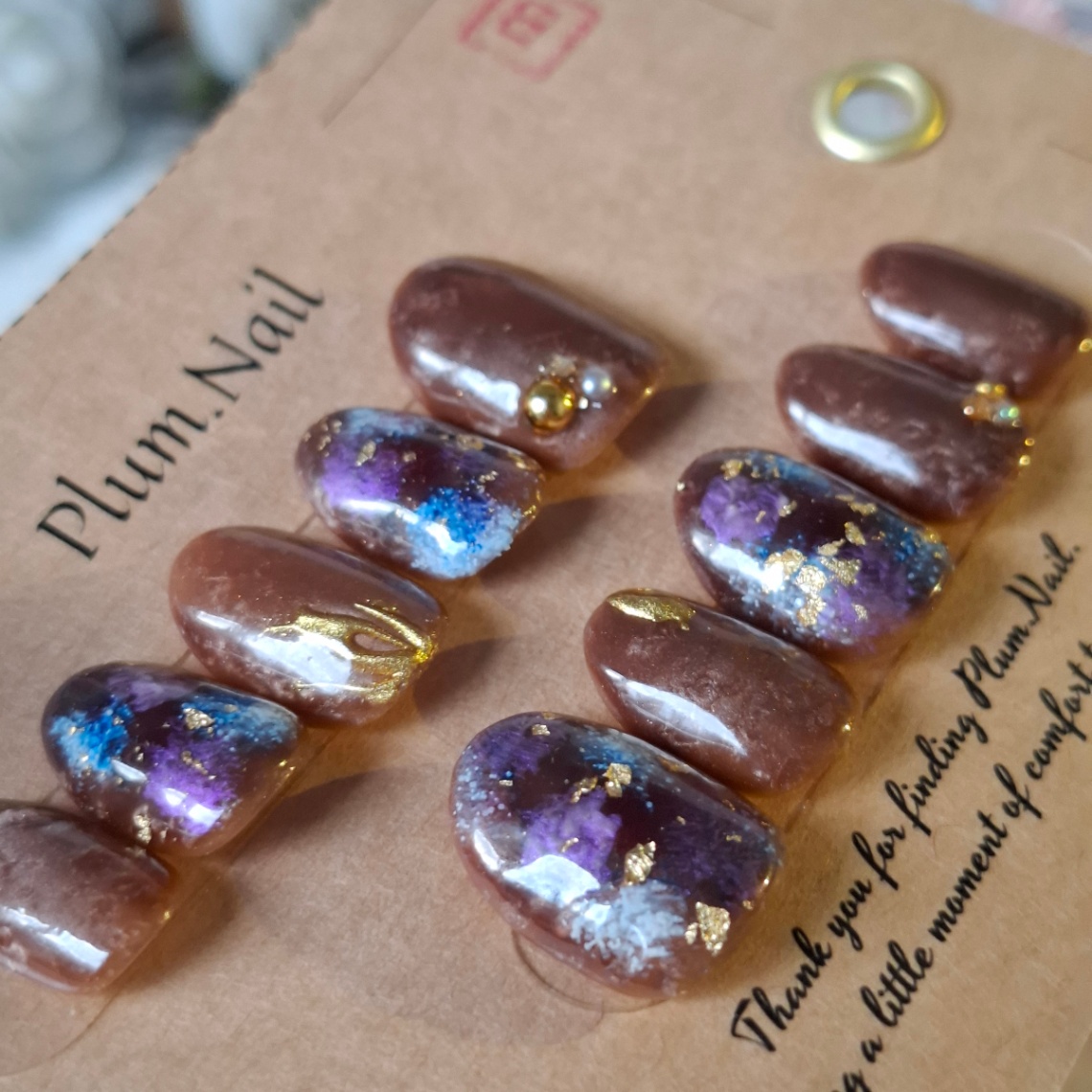 ⑩M ネイルチップ｜ダークニュアンス×ブルーパープル｜上品・洗練・神秘的・高級感｜大人ネイル・落ち着きデザイン｜ショートオーバル｜現品Mサイズ｜お出かけ・デート・特別な日のコピー 3枚目