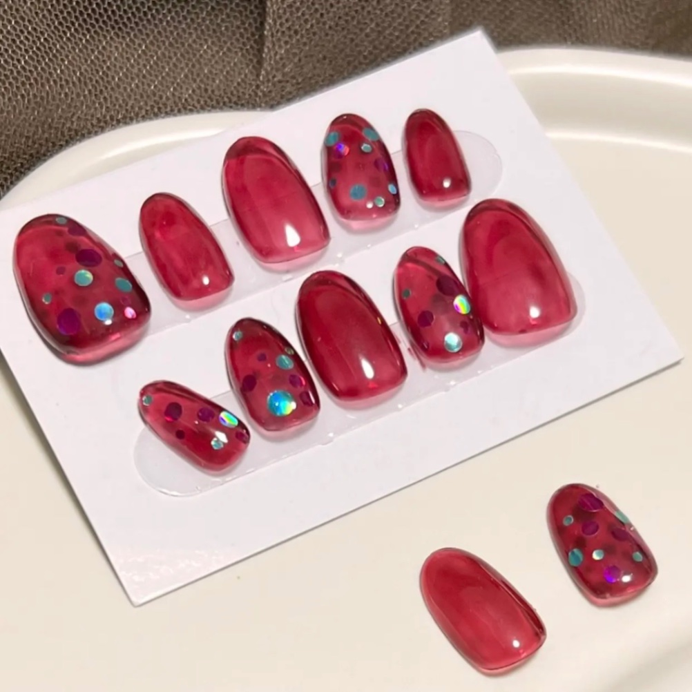 【#1ワインレッド シロップネイル×丸ホログラム うる艶ネイルチップ】