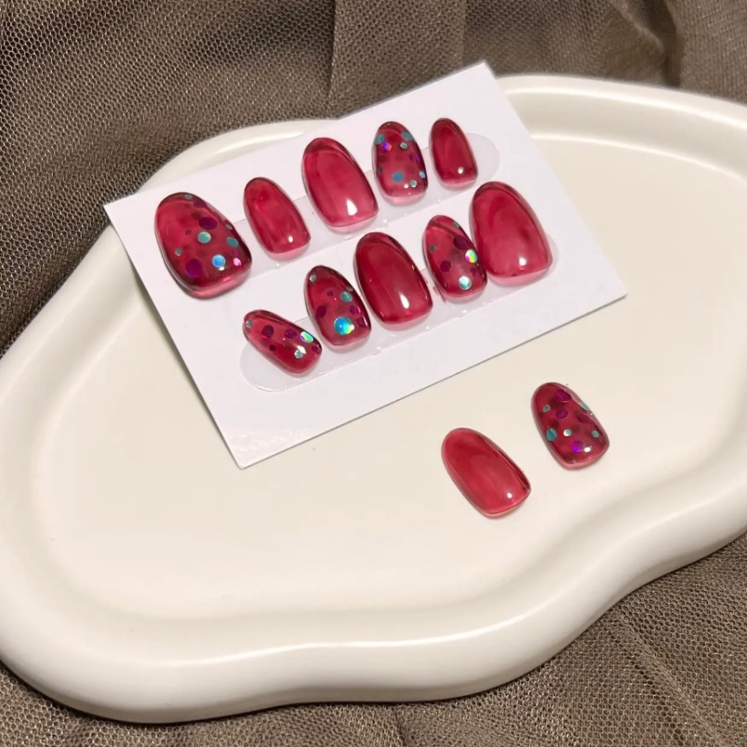 【#1ワインレッド シロップネイル×丸ホログラム うる艶ネイルチップ】 2枚目