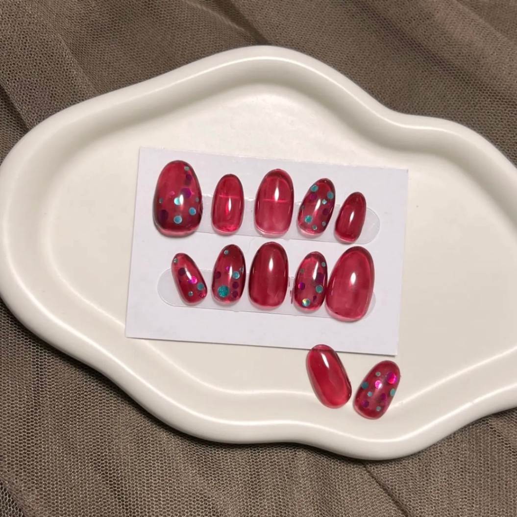 【#1ワインレッド シロップネイル×丸ホログラム うる艶ネイルチップ】 3枚目