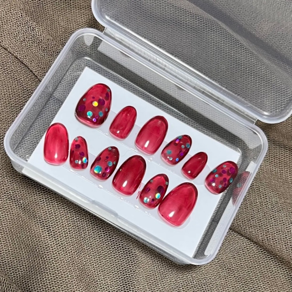 【#1ワインレッド シロップネイル×丸ホログラム うる艶ネイルチップ】 4枚目