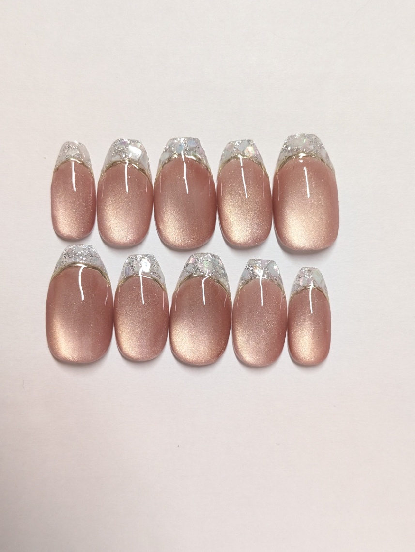 オーロラ色シェルフレンチネイル|ジューシーピンク|上品マグネットネイルチップ|大人可愛い|ブライダル・オフィス 054 2枚目