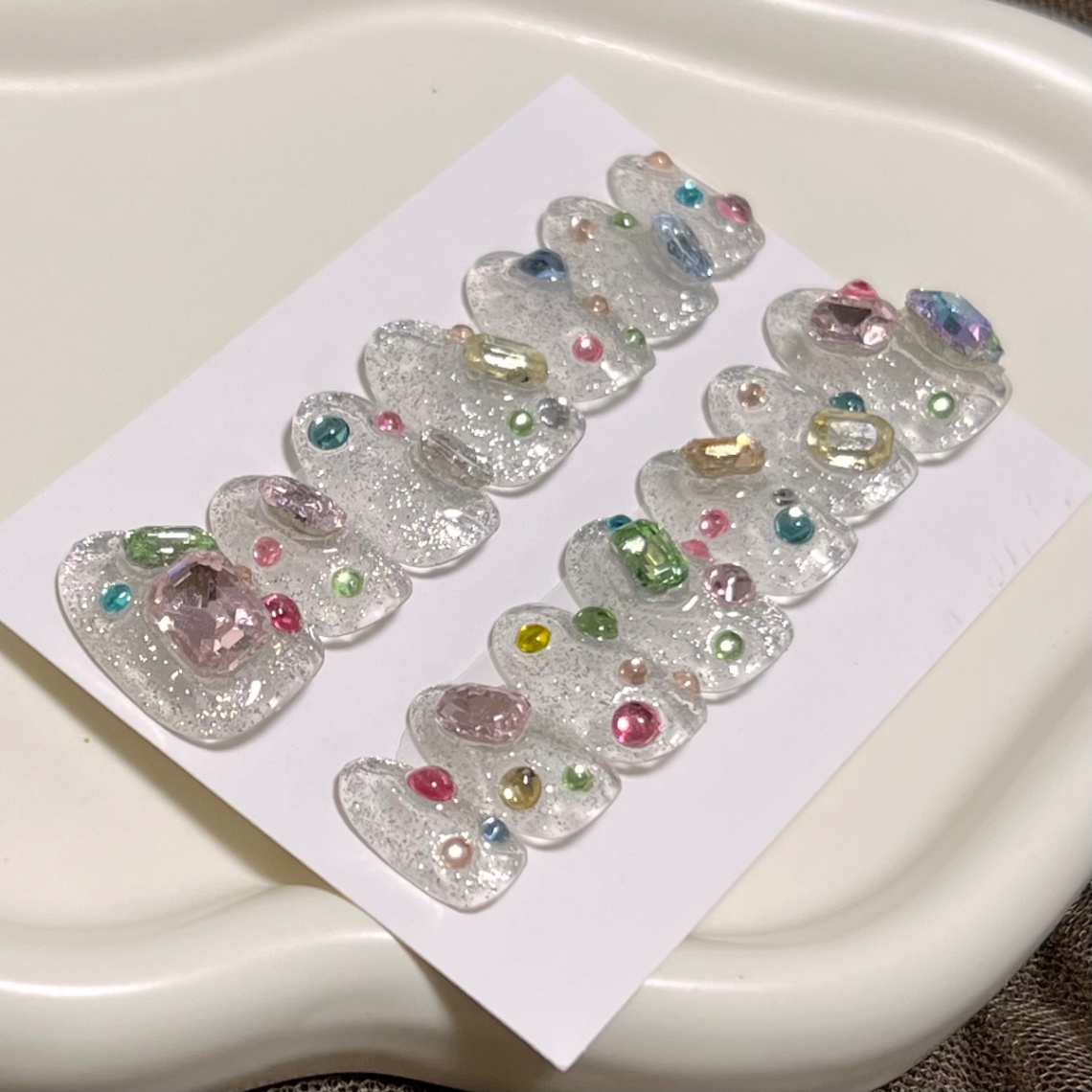 【#9ネイルチップ】プラチナグリッタージュエルビジュードロップネイルチップ 2枚目