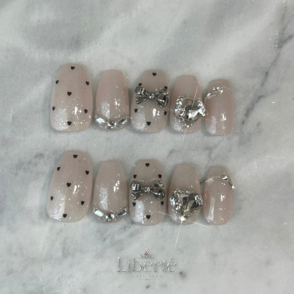 ハート リボン ビジュー ネイルチップ｜Heart Dot Bijou Nail
