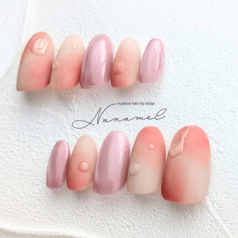 【サイズ指定・送料無料】Peach Veil 桃ニュアンスネイル|ぷるぷる ピンク 水滴 フルーツ シンプル マグネット マーブル フルーツ 2枚目